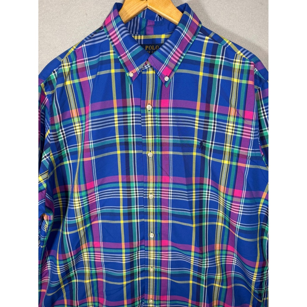 Polo Ralph Lauren Classic Fit Performance Plaid Shirt Blue Pink Mens XL Preppy